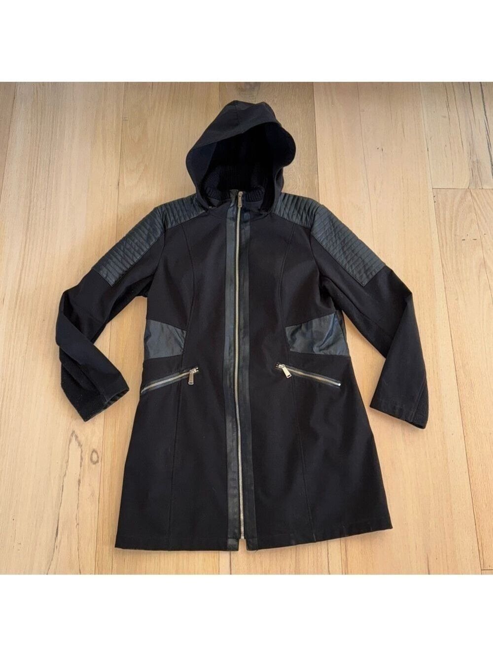 Avanti Black Long Hooded Zip Up Jacket Size Large